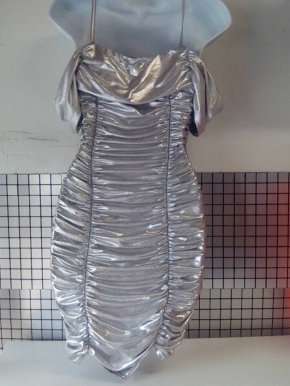 PrettyLittleThing Silver Ruched One-Shoulder Mini Dress - Picture 2 of 9